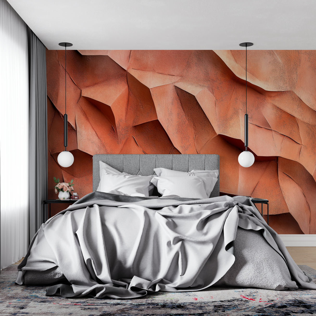 Abstract terracotta wallpaper creating depth in a modern living room with minimal furniture