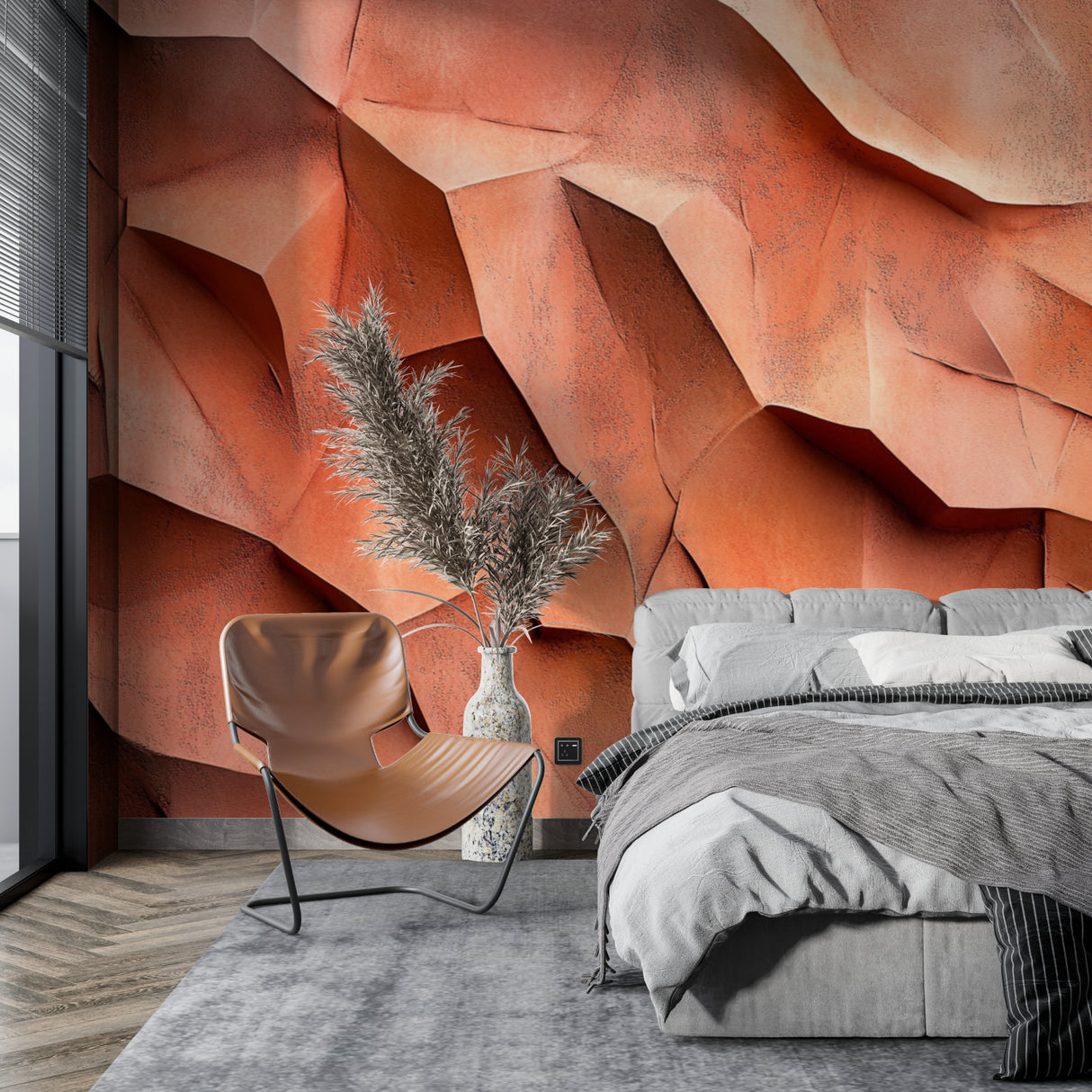 Sculptural wall mural in terracotta tones making a statement in a dining room