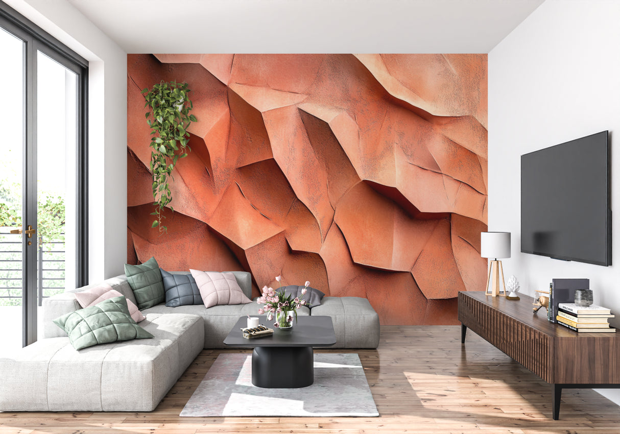 Abstract terracotta design adding texture to a contemporary bedroom wall