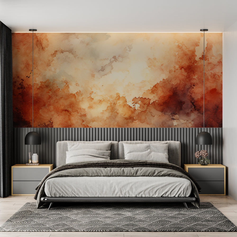Terracotta watercolor cloud wallpaper in a modern living room creating a warm, inviting atmosphere