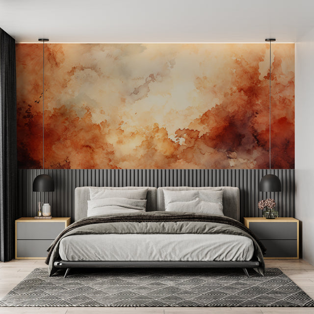 Terracotta watercolor cloud wallpaper in a modern living room creating a warm, inviting atmosphere