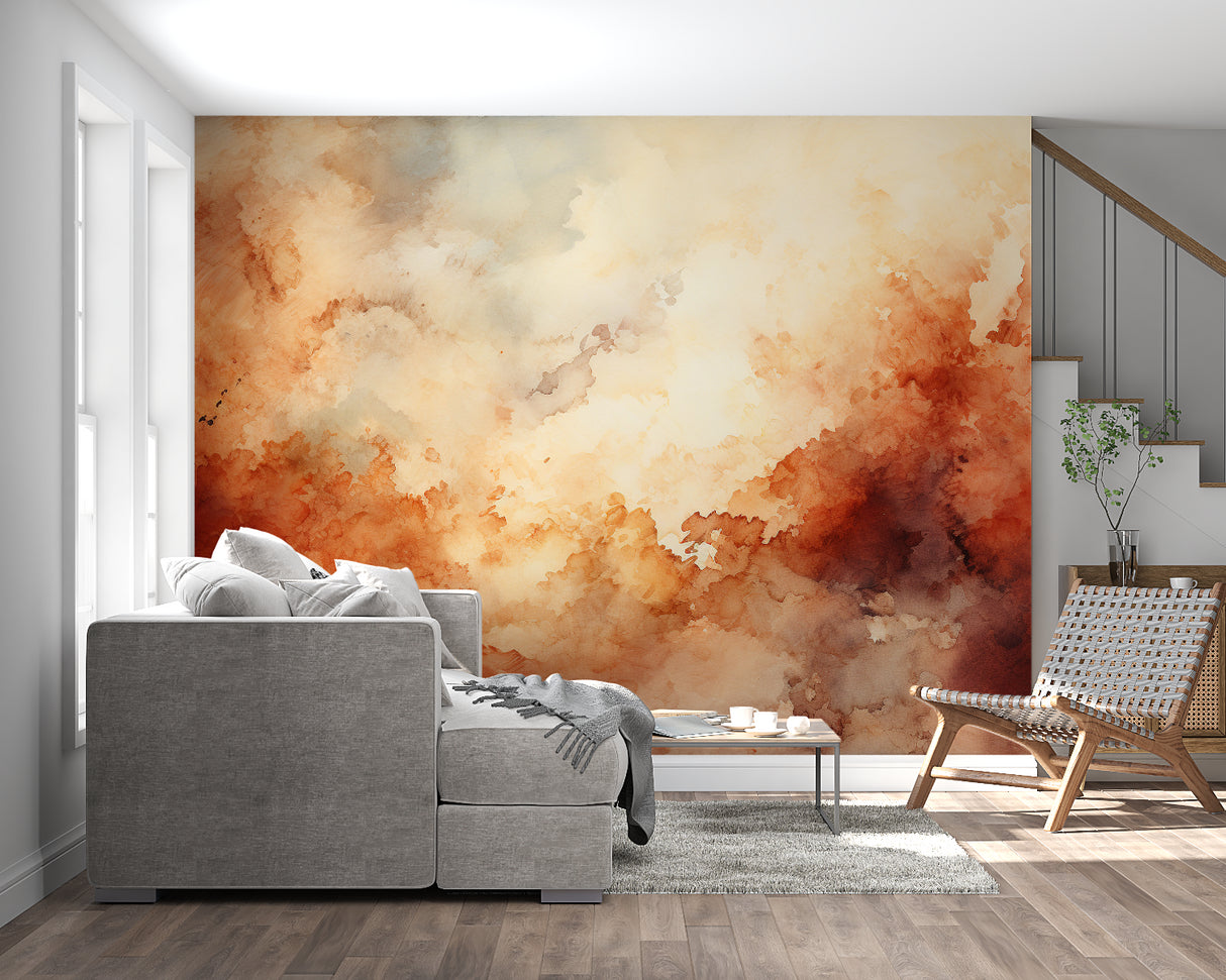 Watercolor cloud mural in master bedroom showing soft terracotta tones at sunrise