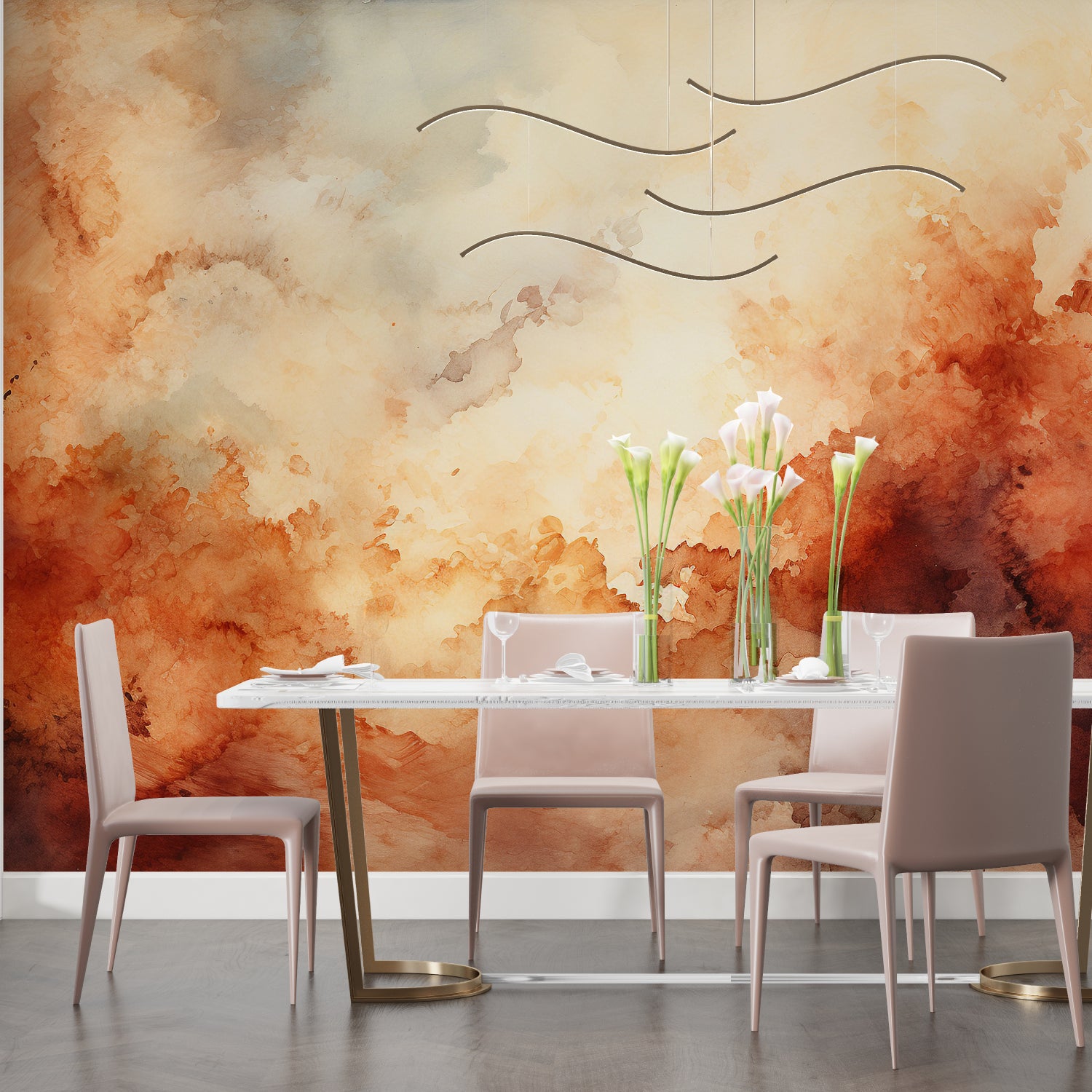 Watercolor wall design adding movement to an elegant entryway