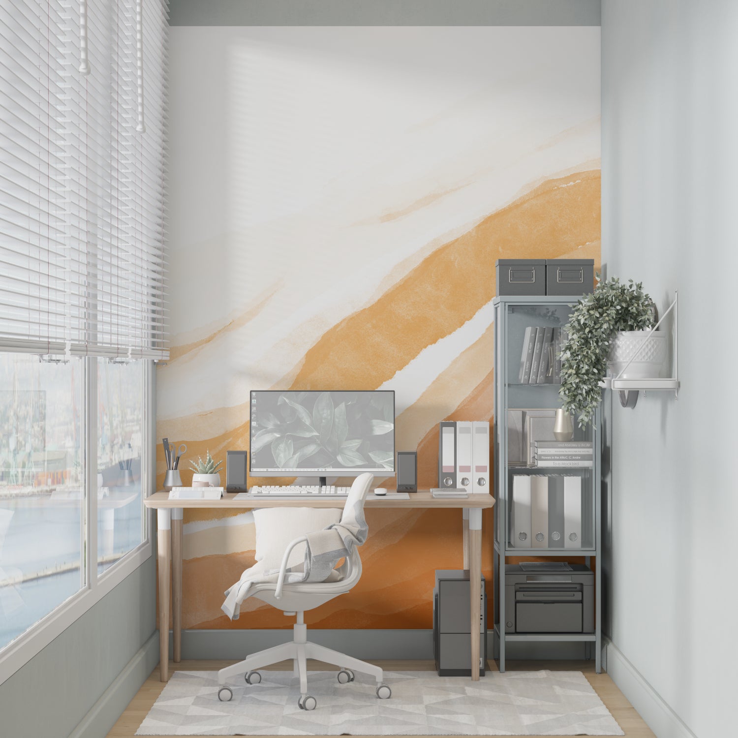 Terracotta abstract wall mural in minimalist dining room setting