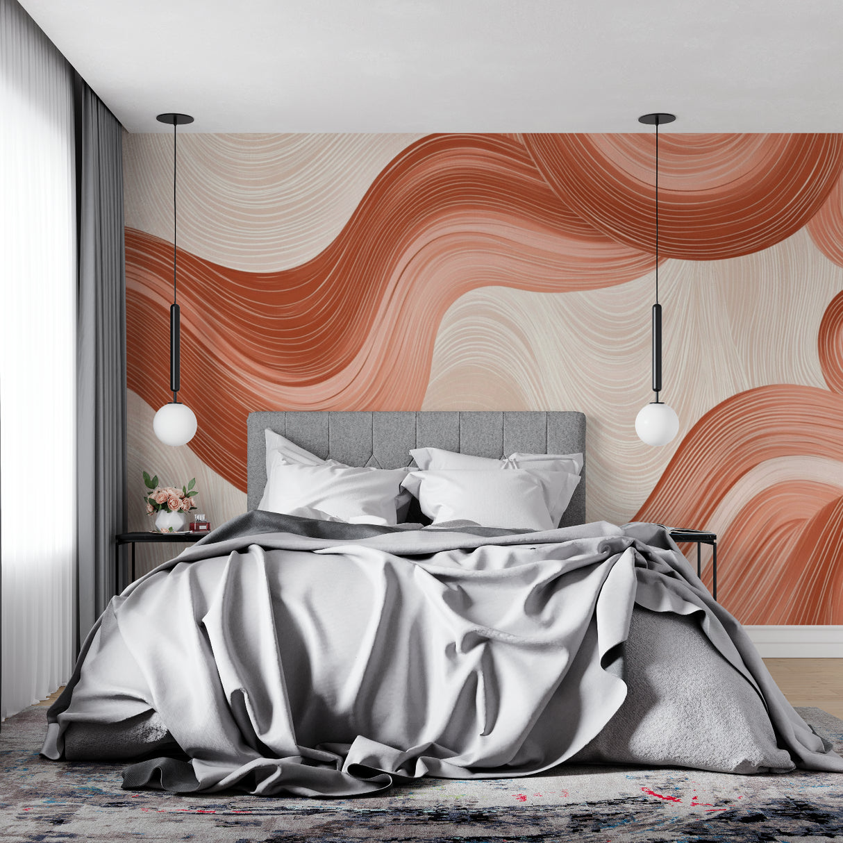 Abstract wave wallpaper in modern living room showing flowing terracotta pattern against white furniture
