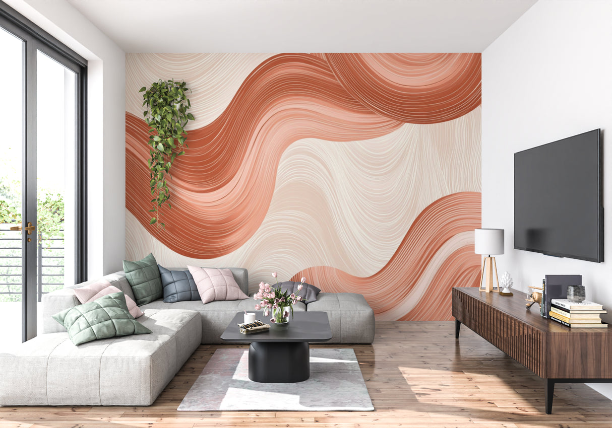 Terracotta abstract mural creating warm atmosphere in minimalist bedroom setting