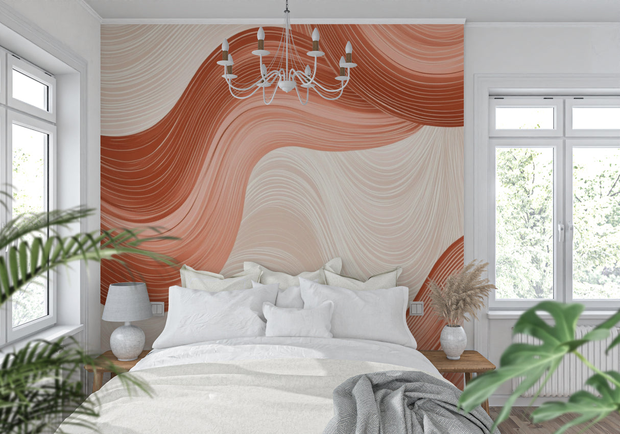 Wave pattern wallpaper installation in home office with natural lighting