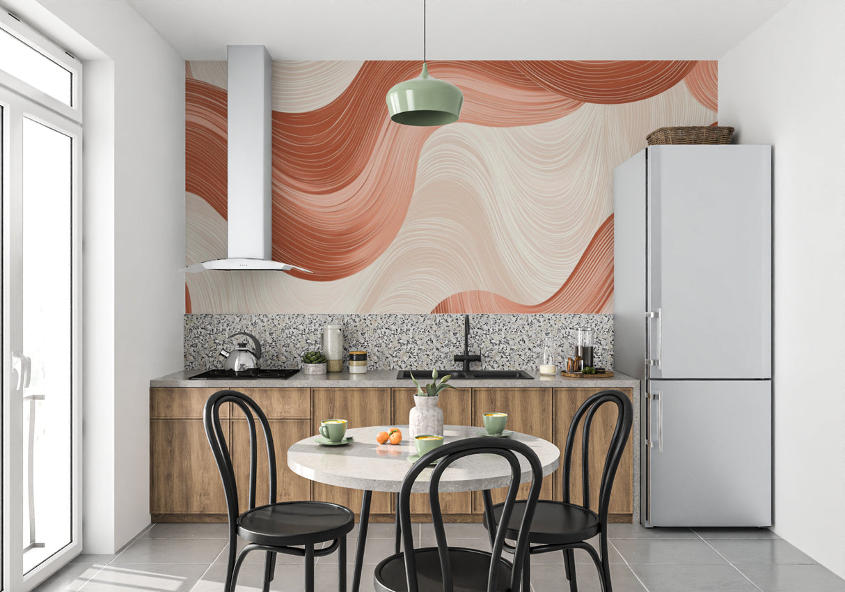 Abstract terracotta wallpaper featured in dining room with modern decor
