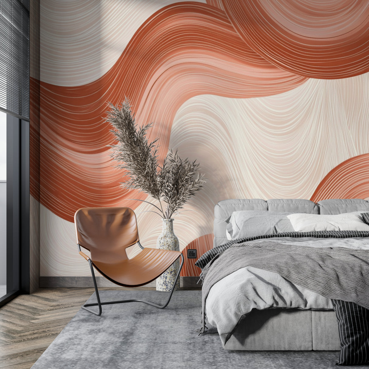 Modern wave mural displayed in contemporary hallway setting