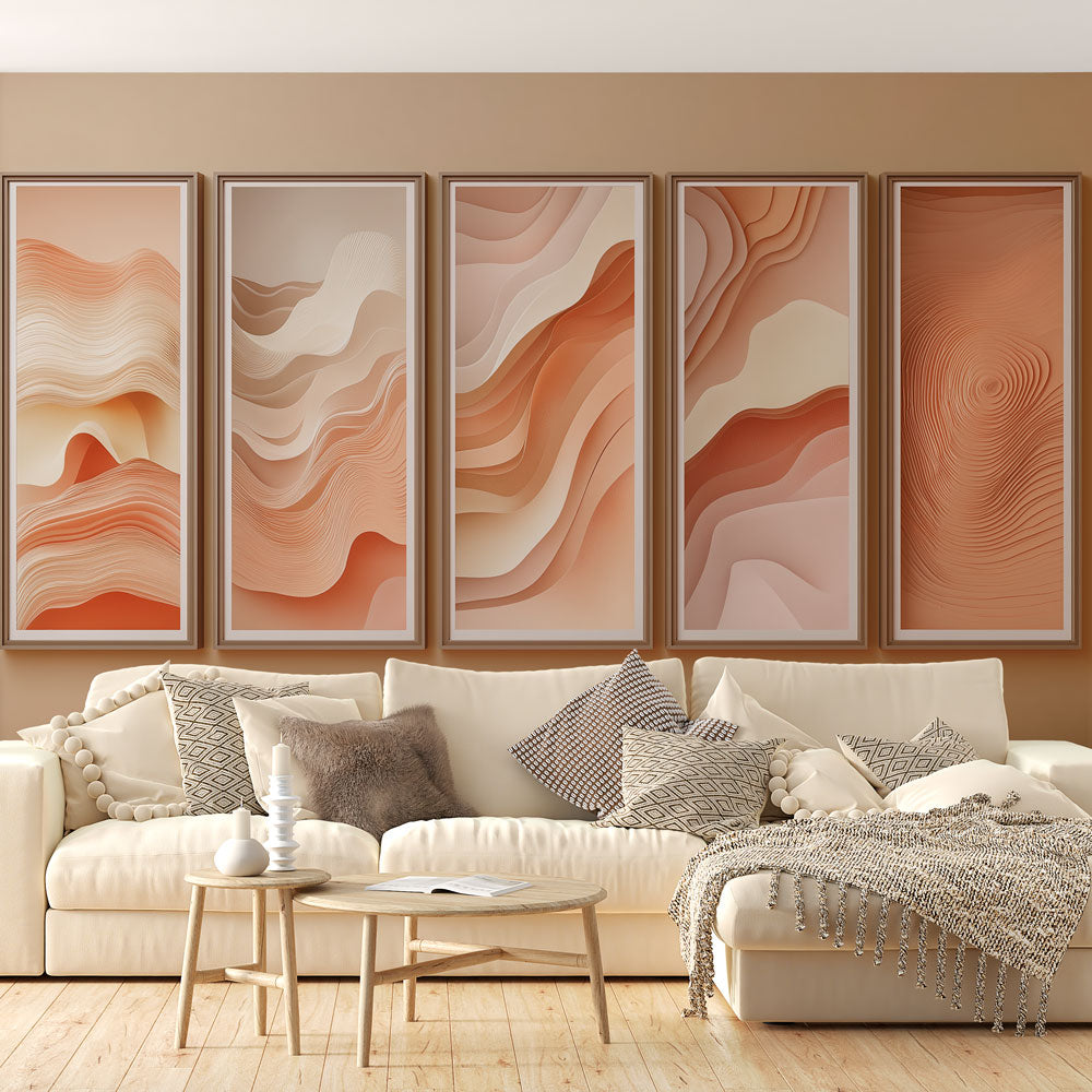 Abstract terracotta wave wallpaper creating a modern focal point in a minimalist living room with natural light