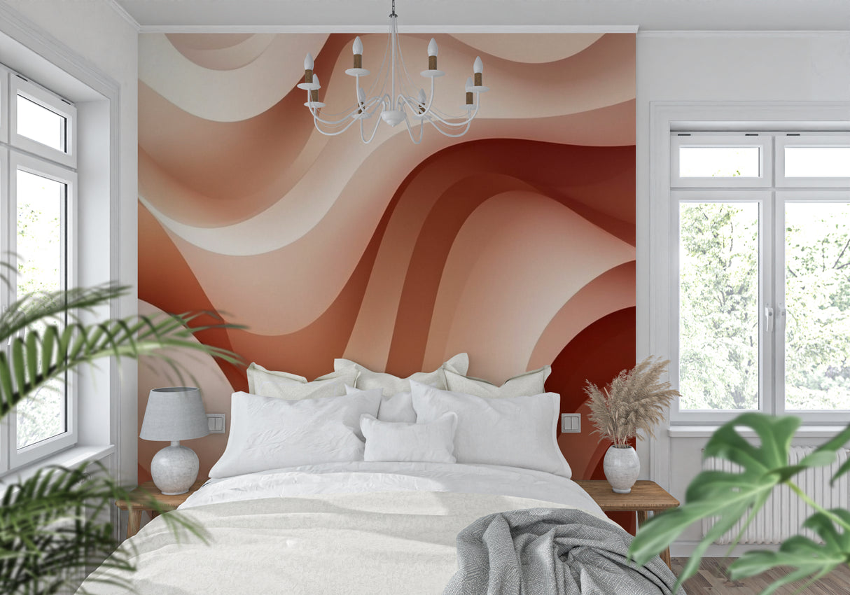 Contemporary living space with terracotta wave wallpaper creating focal point