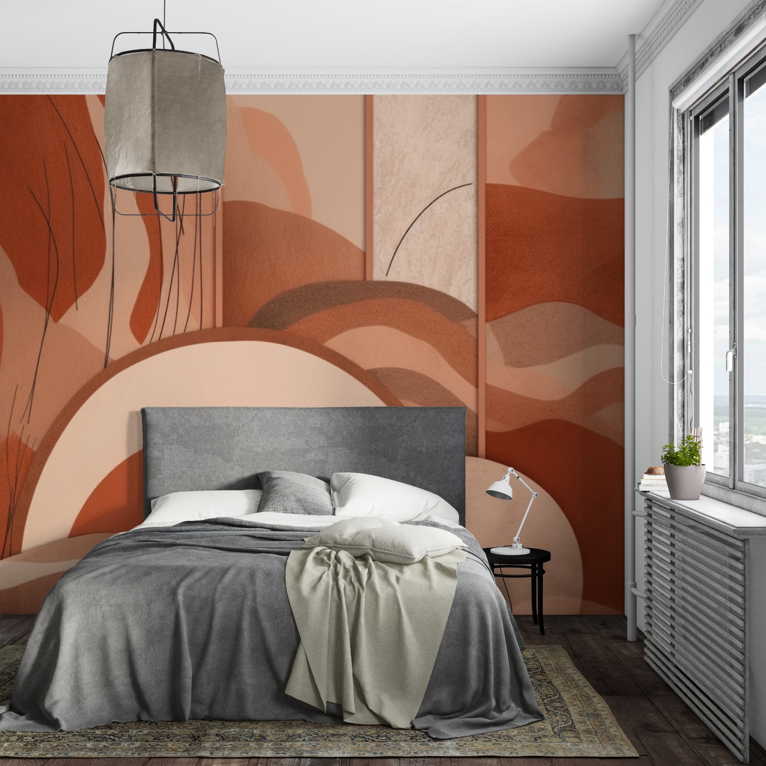 Dining room with abstract wave mural wallpaper in warm earth tones