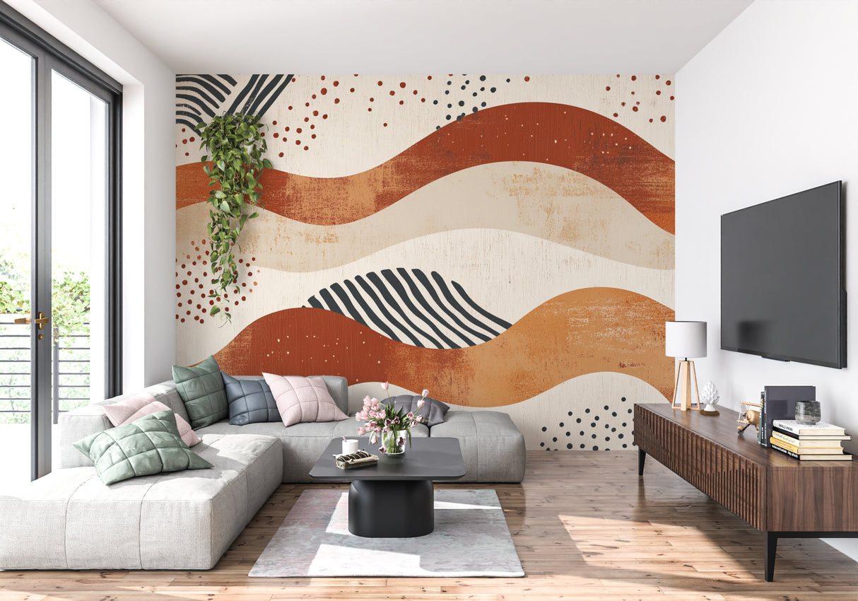 Abstract wave wallpaper in modern living room showing terracotta and geometric patterns creating depth