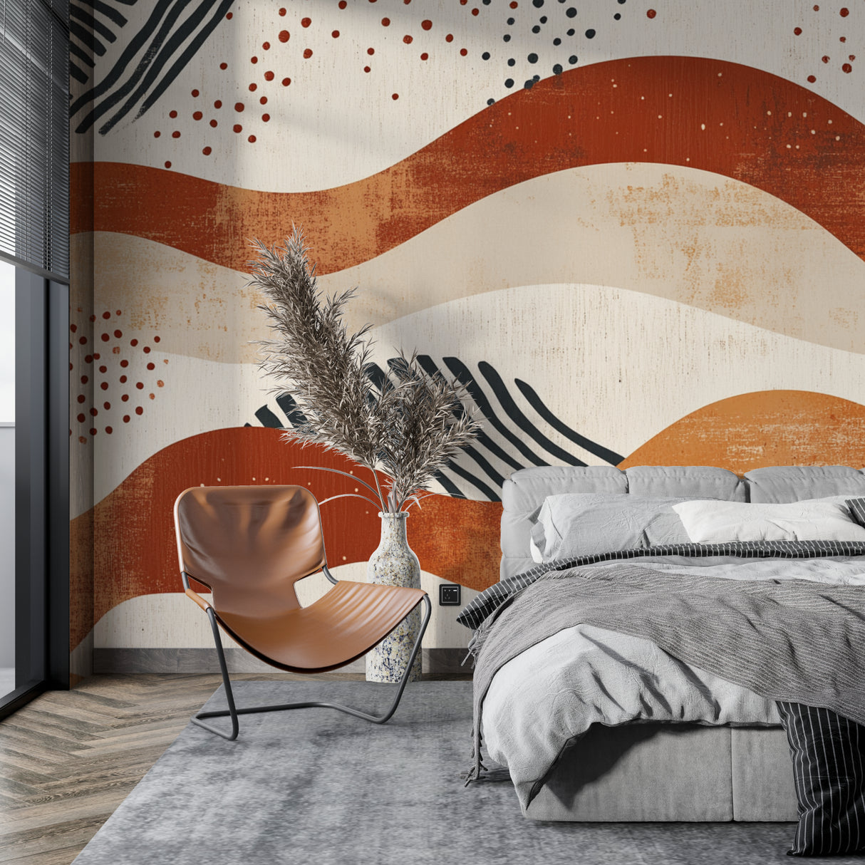 Terracotta abstract mural in minimalist dining room with natural lighting