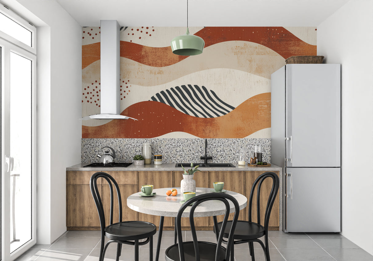 Modern home office featuring geometric wave wallpaper in warm terracotta tones