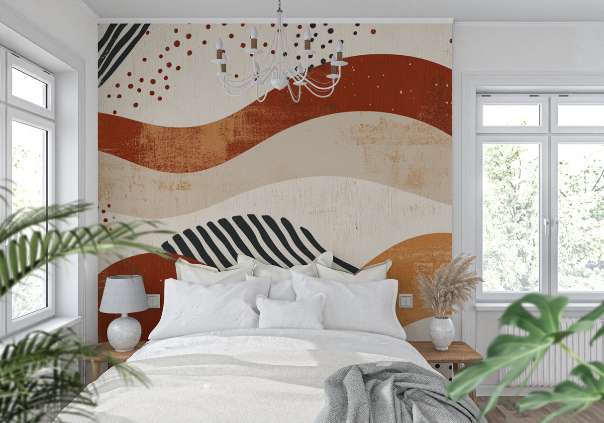Abstract wave pattern wallpaper in contemporary bedroom setting