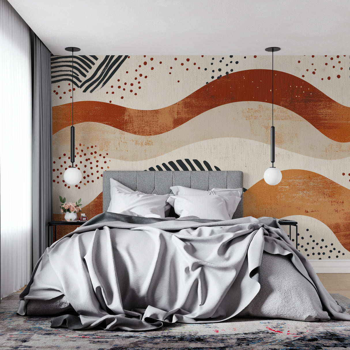 Terracotta geometric mural creating statement wall in entryway