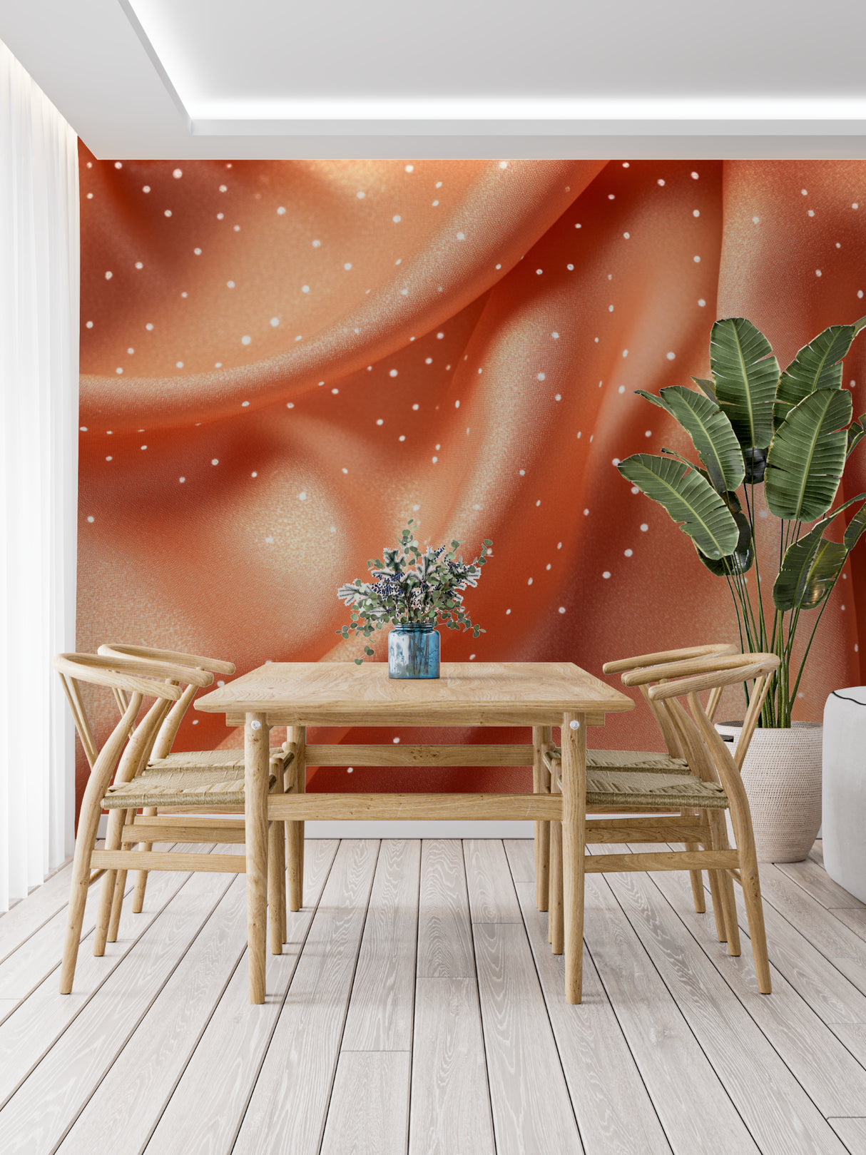 Terracotta abstract wallpaper with golden dots creating a warm atmosphere in a modern living room