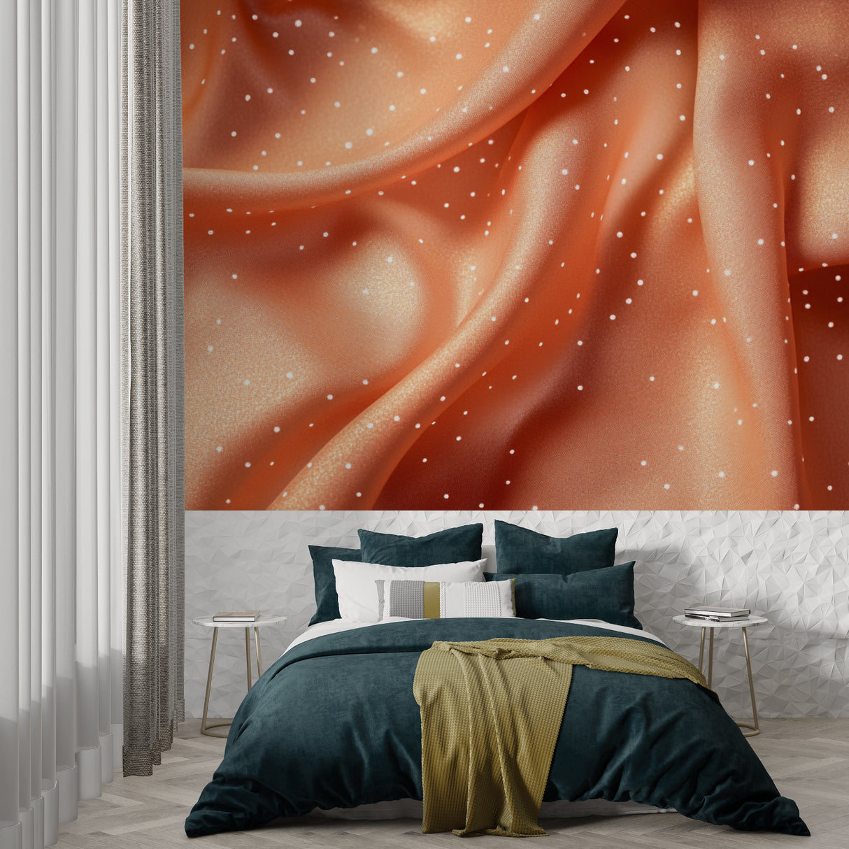 Abstract terracotta wallpaper adding warmth to a home office space