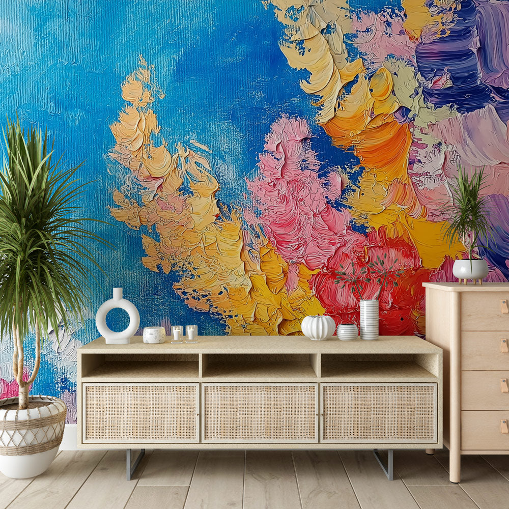 Abstract art wallpaper mural displayed in a modern living room, showing vibrant oil paint textures and flowing colors