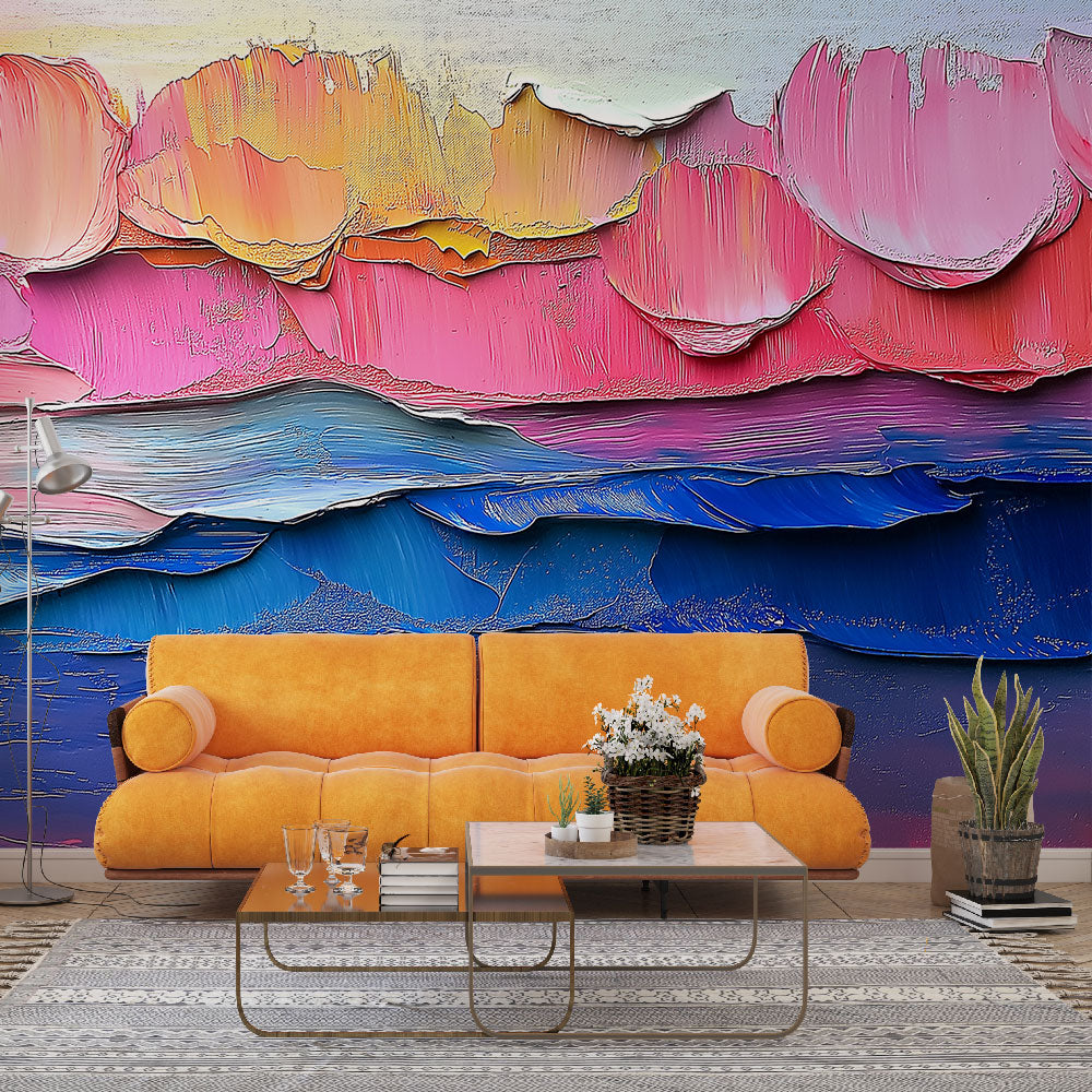 Abstract ocean sunset wallpaper creating a calm atmosphere in a modern living room with floor-to-ceiling windows
