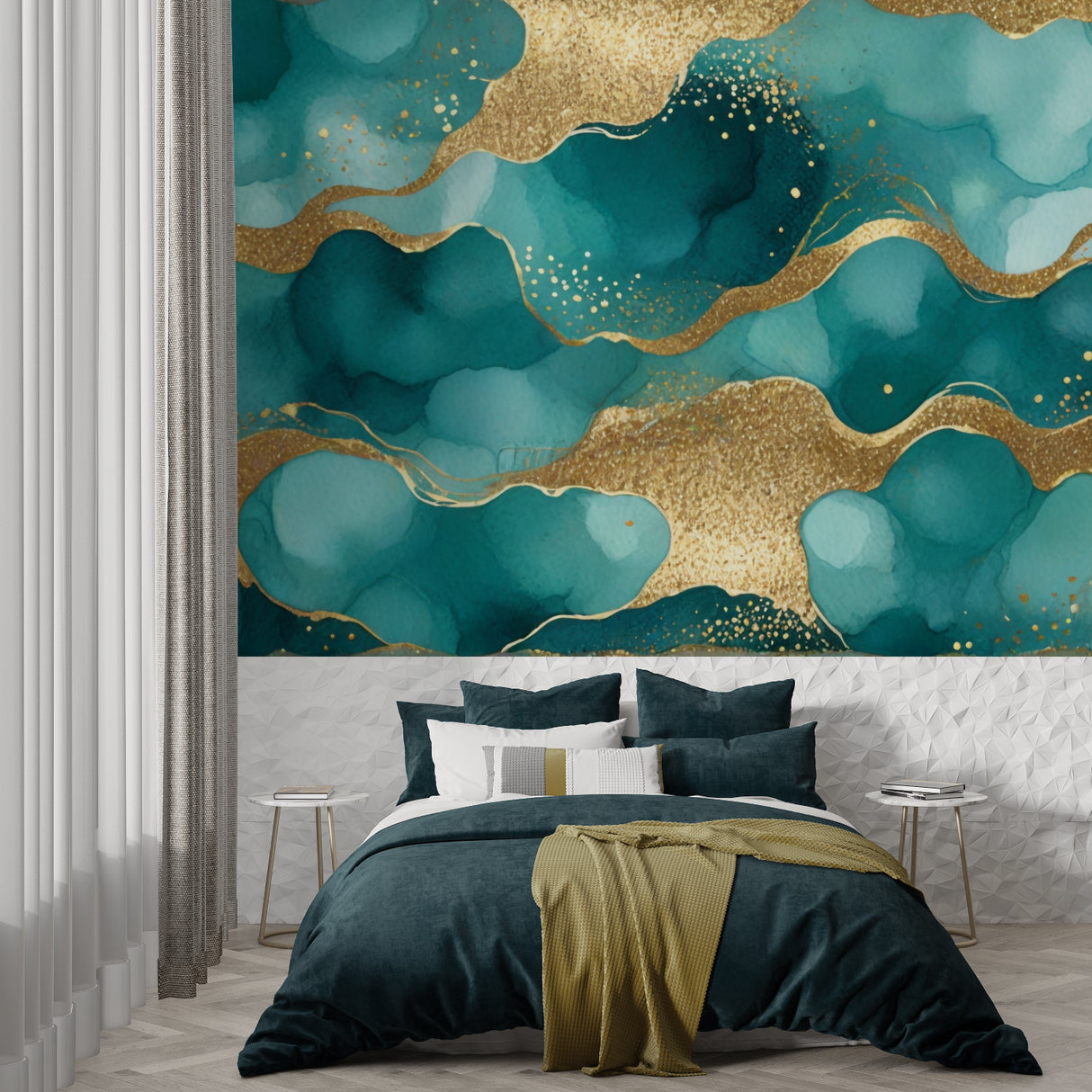 Turquoise and gold watercolor wallpaper making a bold statement in a modern living room with white furniture