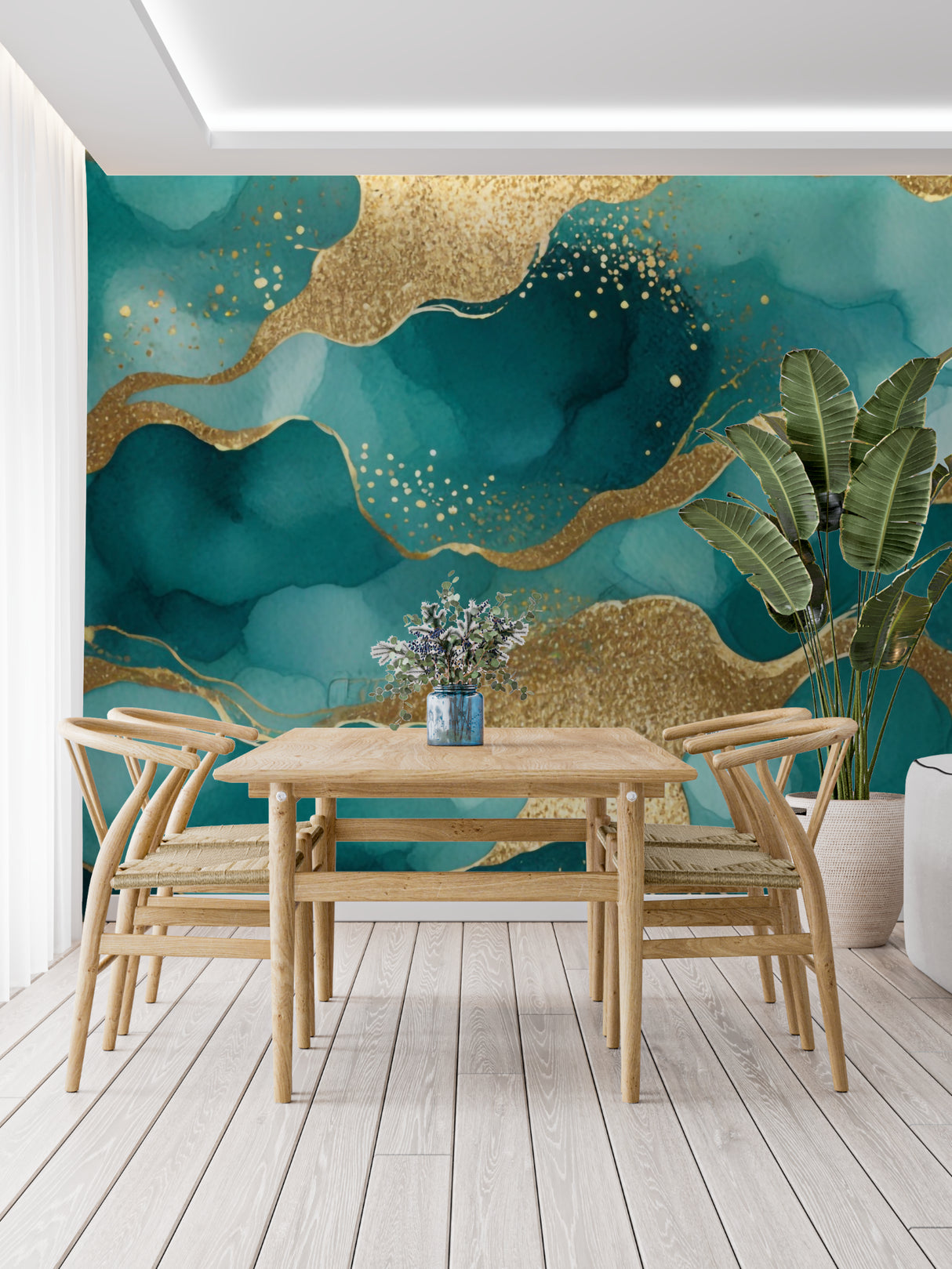 Abstract wave wallpaper creating depth in a minimalist bedroom with gold accents