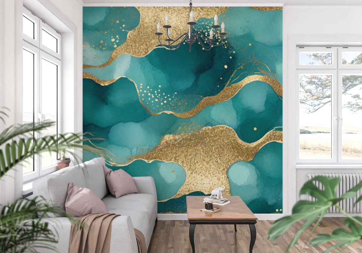 Modern watercolor wallpaper flowing through an open-concept apartment space