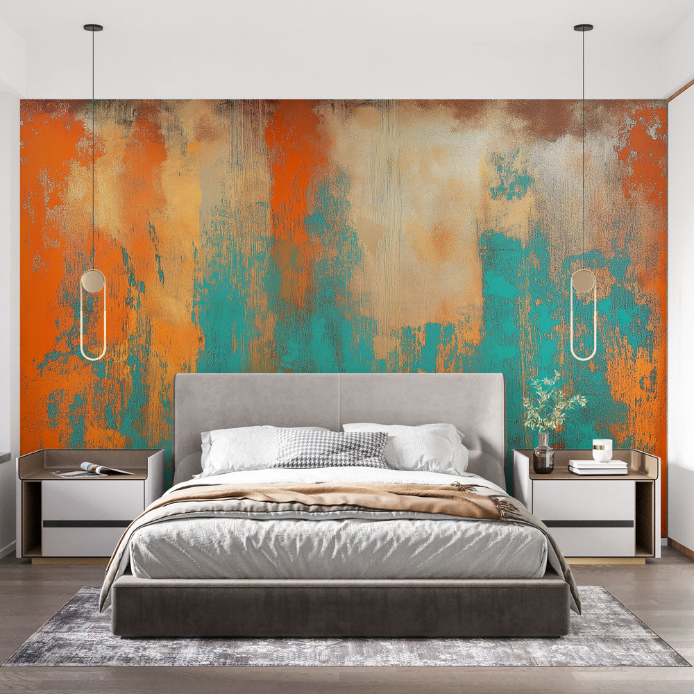 Abstract turquoise and orange wallpaper in modern living room showing dynamic color play and metallic accents
