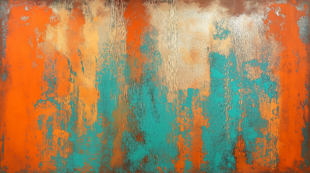 Abstract turquoise and orange design file showing detailed brushstrokes and metallic undertones