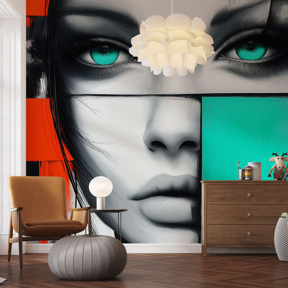 Modern abstract portrait wallpaper with turquoise eyes shown in a minimalist living room setting with contemporary furniture