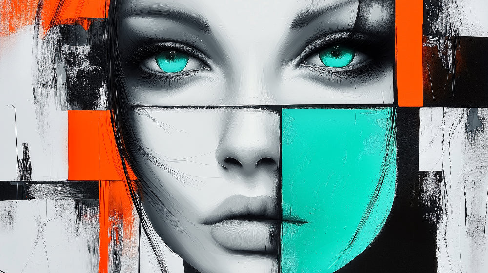 Abstract portrait design file featuring dramatic face with turquoise eyes and geometric pattern
