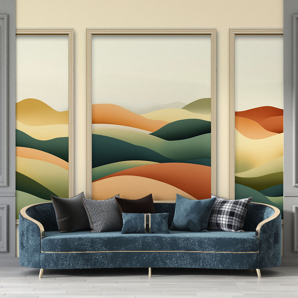 Abstract mountain wallpaper creating a cozy atmosphere in a modern living room with earth-toned furniture