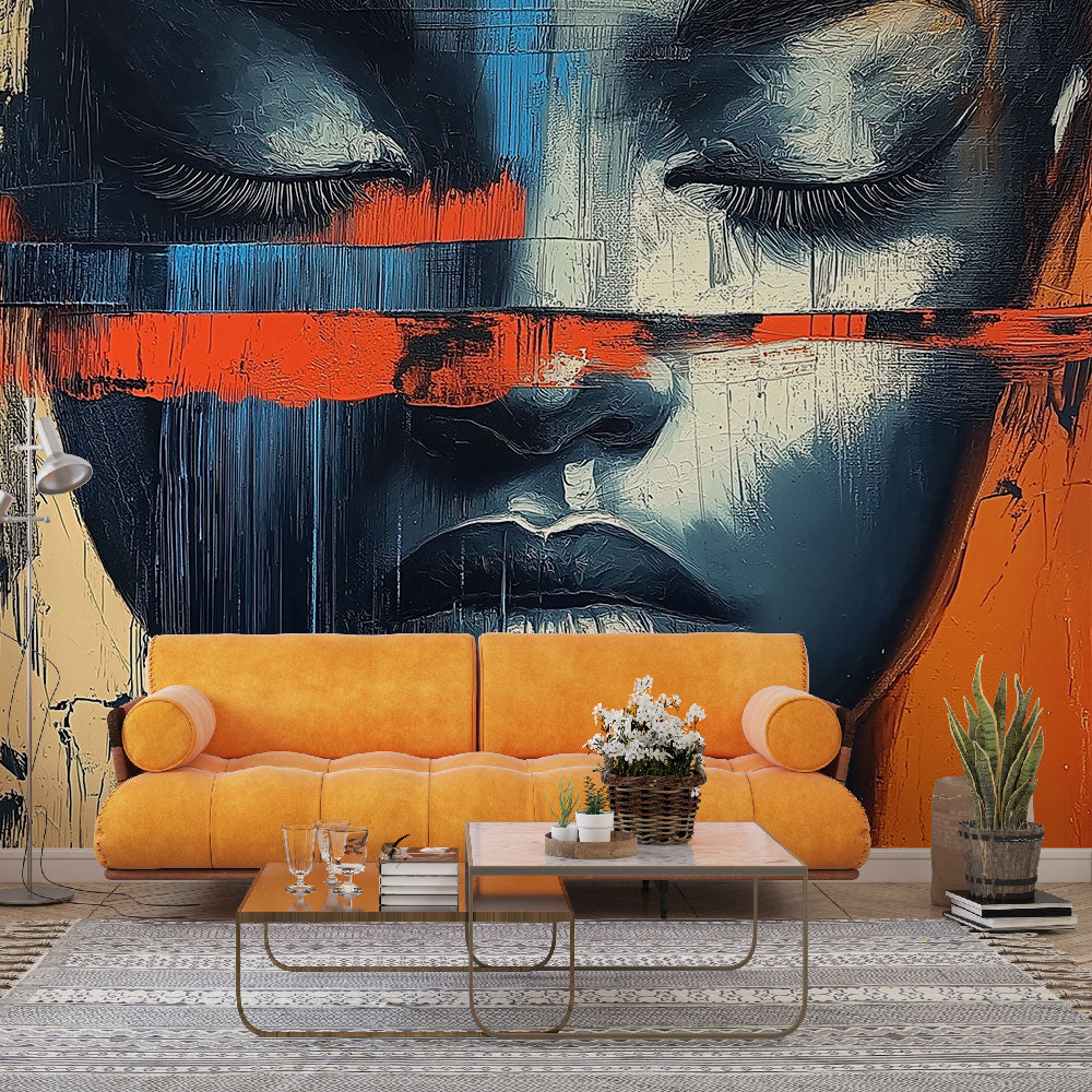 Abstract portrait wallpaper creating a dramatic focal point in a modern living room with minimalist furniture