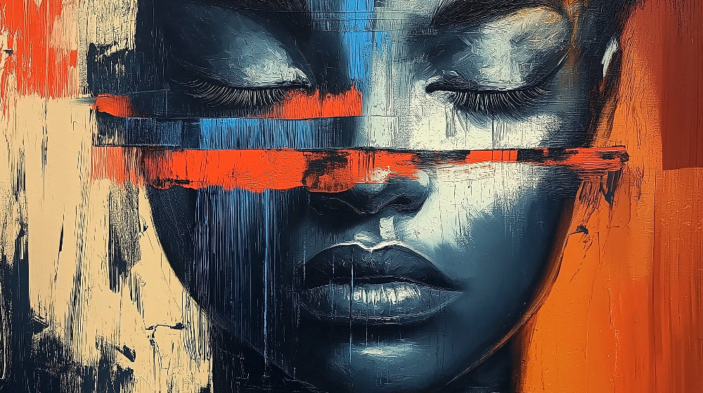 Abstract portrait wallpaper design file showing urban art style with orange and blue color palette