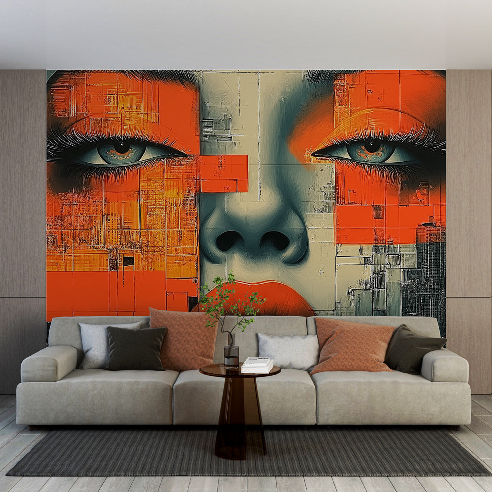 Modern abstract portrait wallpaper in a minimalist living room setting, orange geometric pattern creating dynamic focal point