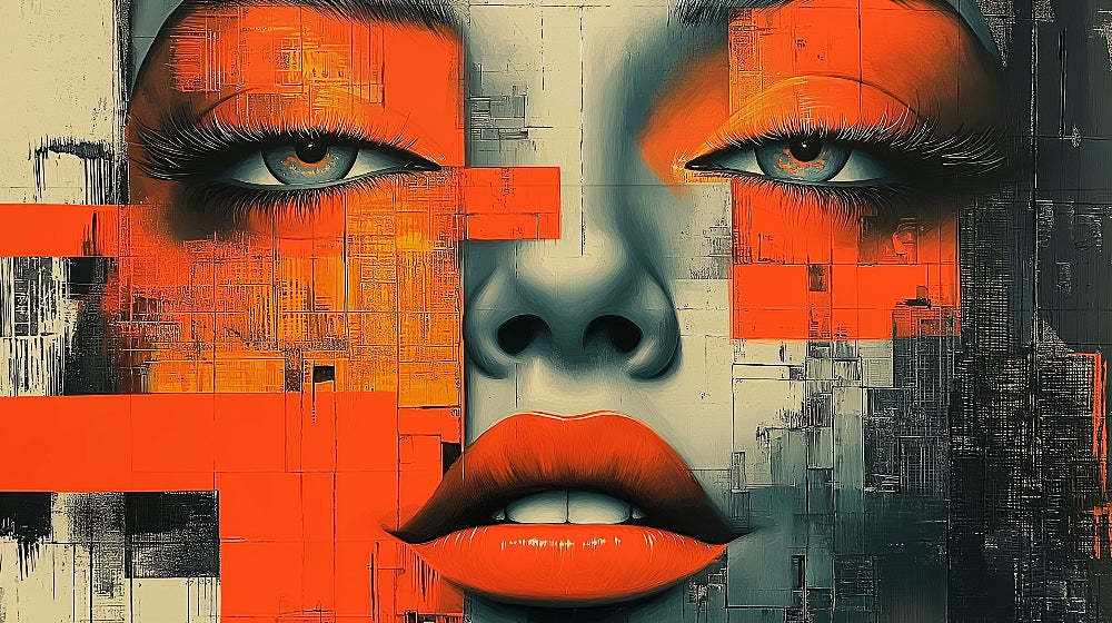 Abstract urban portrait design file with orange geometric pattern and striking facial features