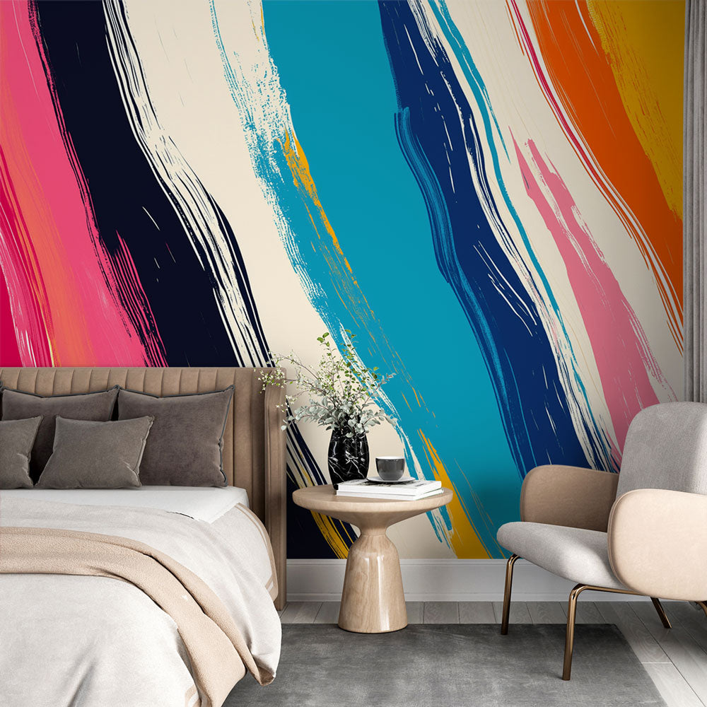 Abstract wave wallpaper creating a bold statement in modern living room, blue and pink brushstrokes adding movement to white walls