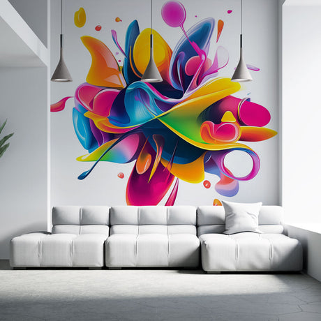 Modern abstract wallpaper creating a stunning focal point in a bright, contemporary living room with minimalist furniture