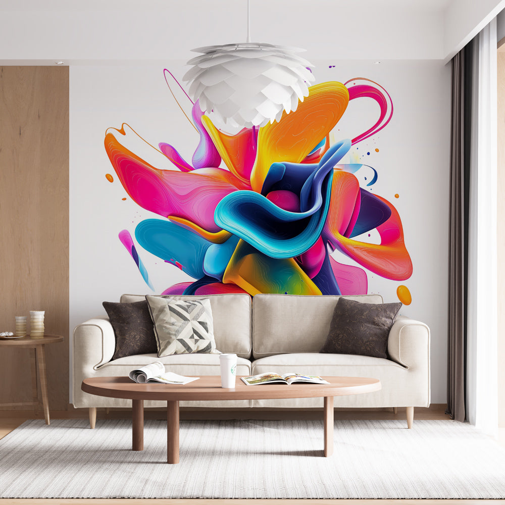 Abstract wall mural bringing vibrant energy to a modern minimalist living room with white furniture