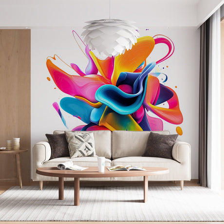 Abstract wall mural bringing vibrant energy to a modern minimalist living room with white furniture