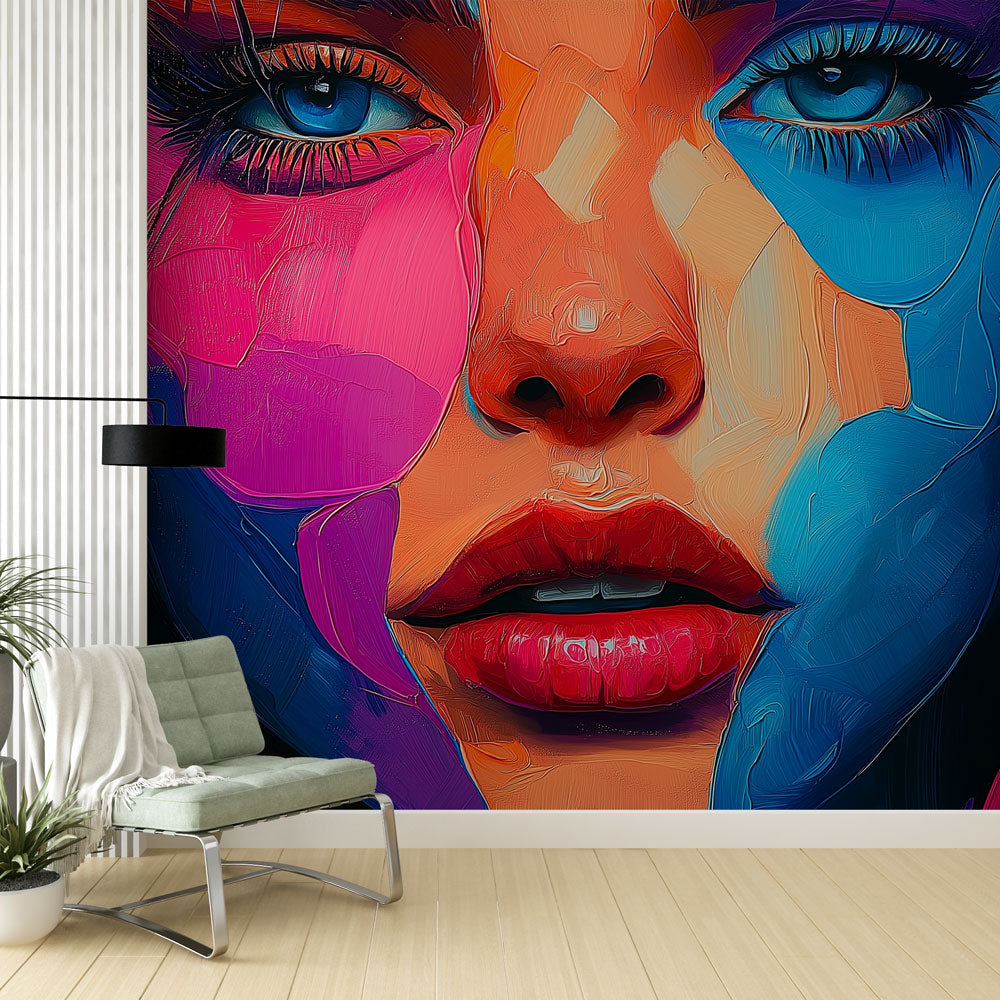 Abstract face art mural wallpaper creating a stunning focal point in a modern living room with white furniture