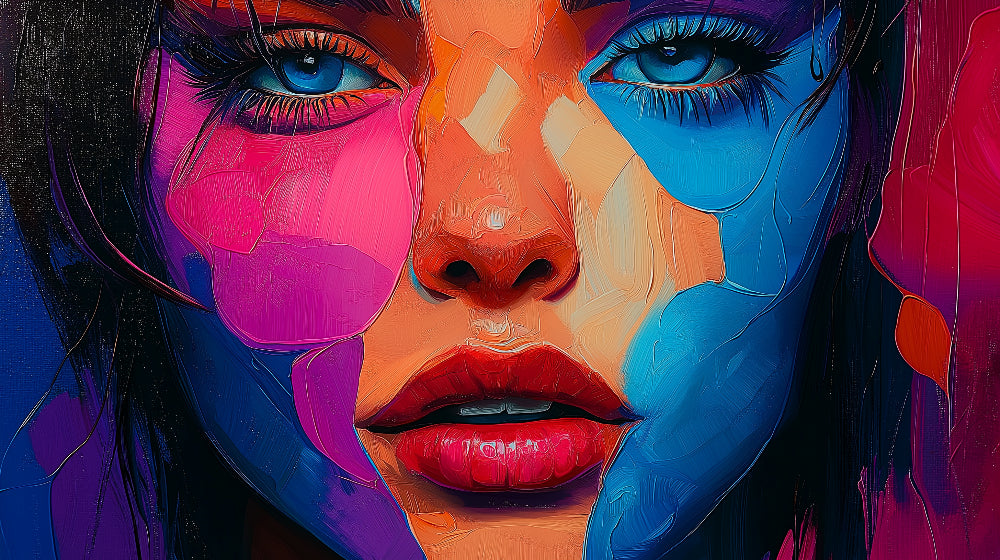 Abstract portrait art wallpaper design file showing vibrant color blocks and face details