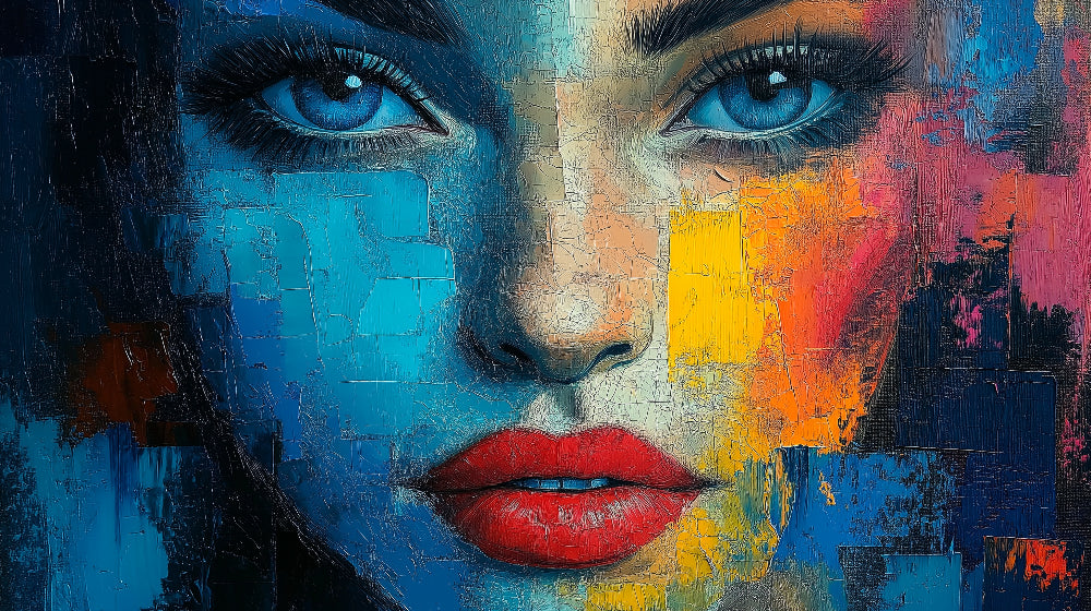 Abstract face portrait design file showing vibrant blue and orange color detail