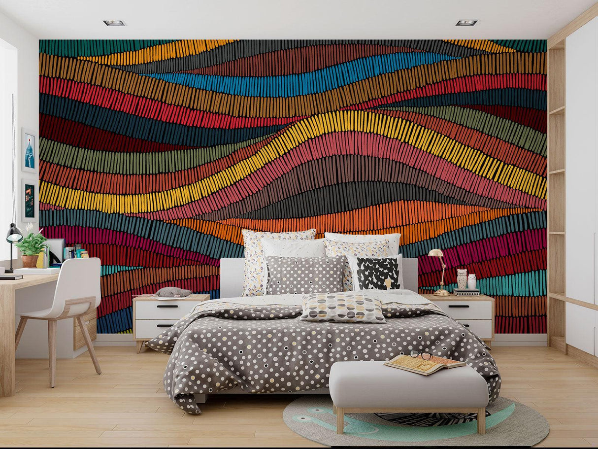 Abstract wave wallpaper in modern living room showing flowing pattern and rich colors