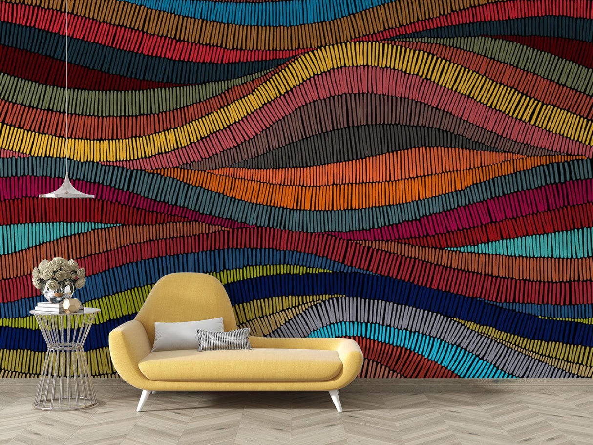 Wave pattern mural in home office with natural lighting highlighting color bands
