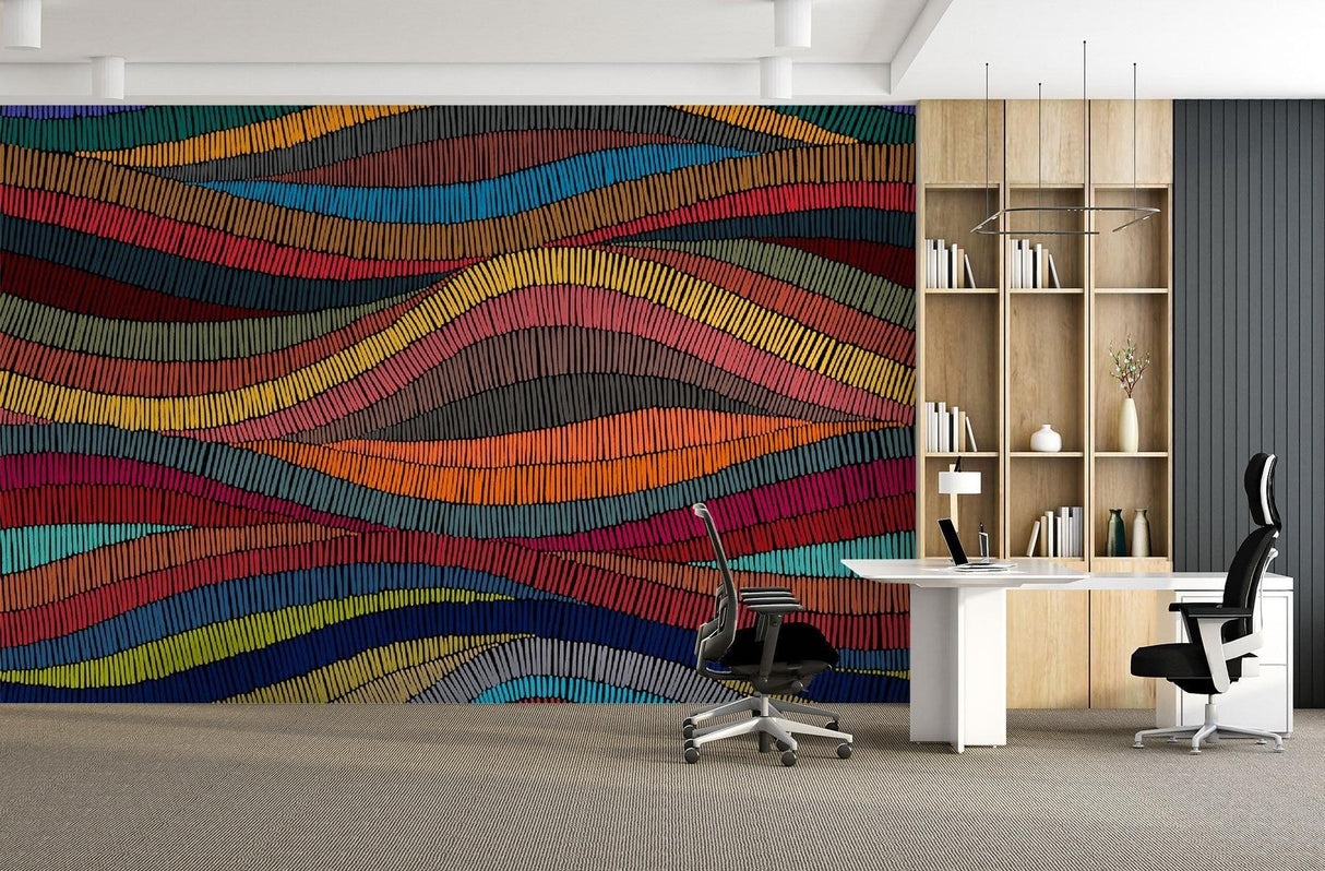 Vibrant wave wallpaper installation in contemporary bedroom space