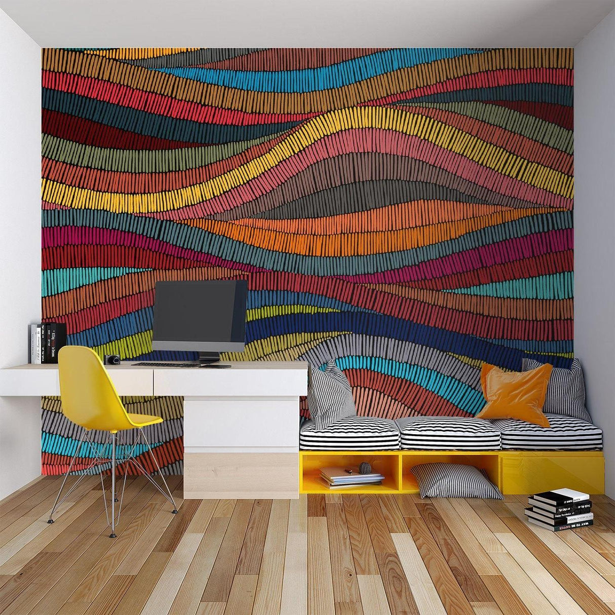 Wave pattern feature wall in studio apartment with evening lighting