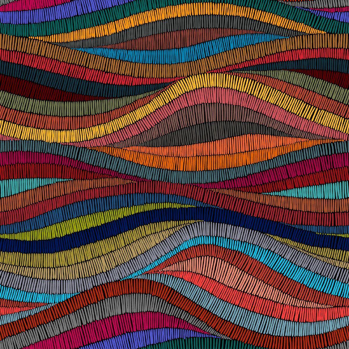 Design file showing detailed wave pattern with burgundy, orange, yellow and turquoise color scheme
