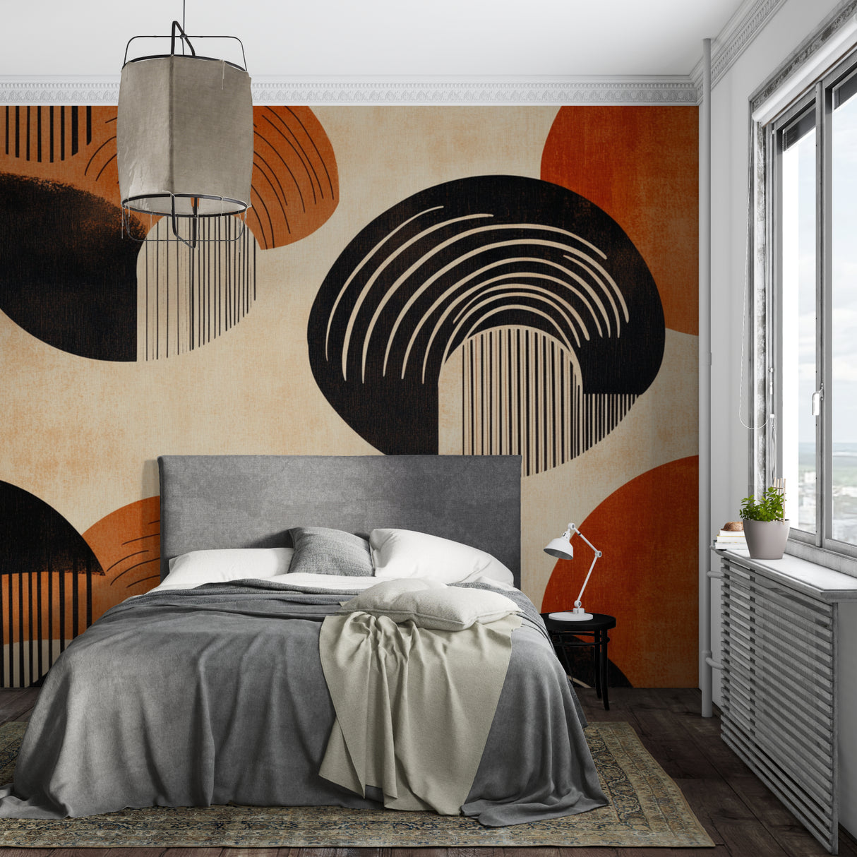 Abstract geometric wallpaper in modern living room with black sofa and terracotta accents